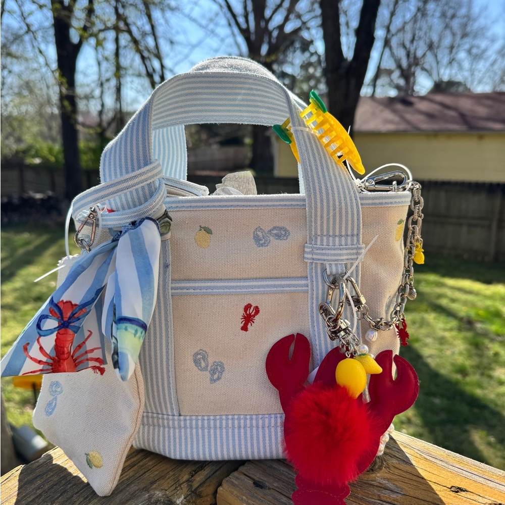 Madden Girl Costal Canvas Tote with Light Blue Stripes and Red Lobster Charm